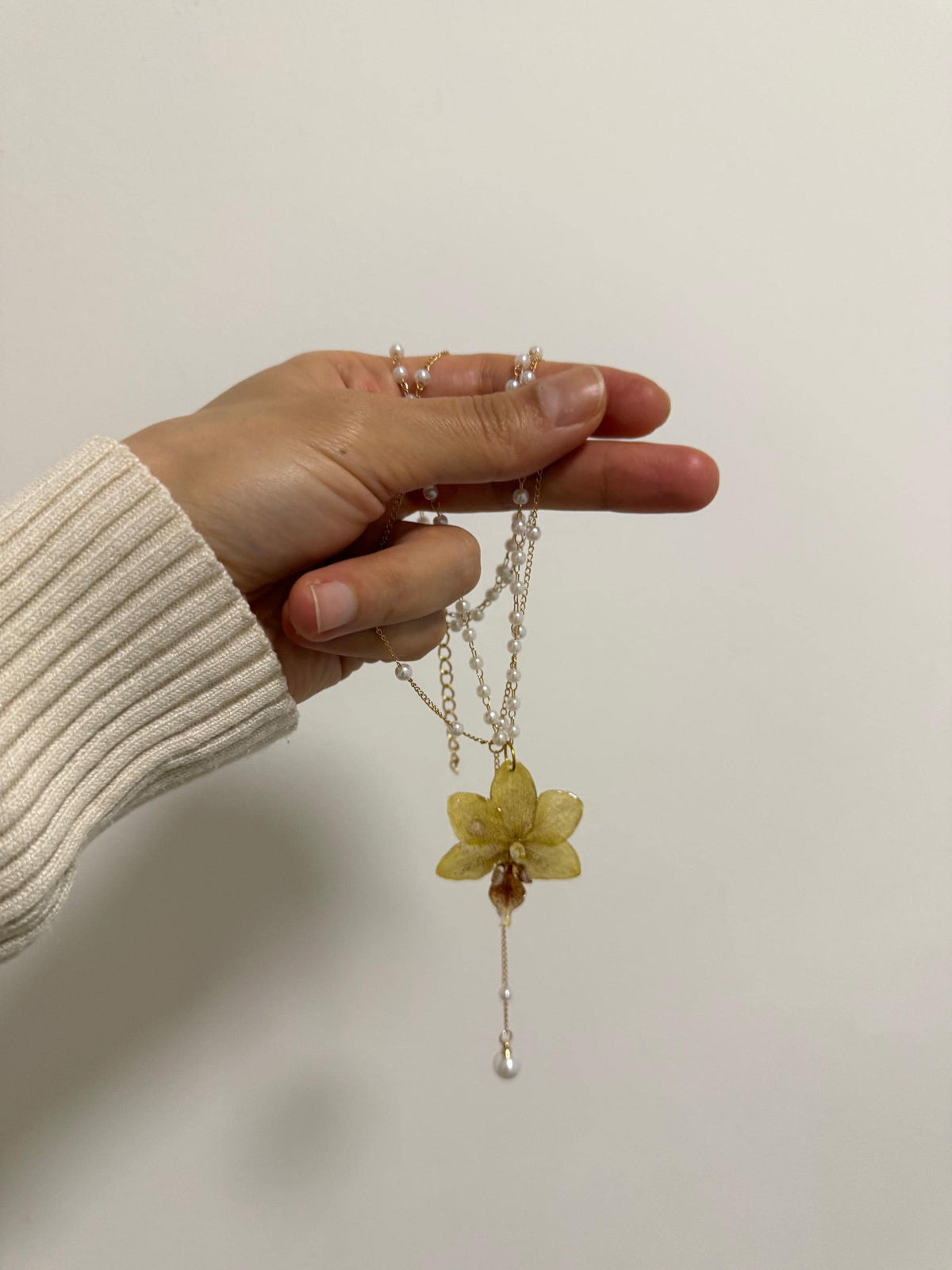 Orchid Pearl Necklace, Real Orchid Pendant, Handmade Botanical Jewellery