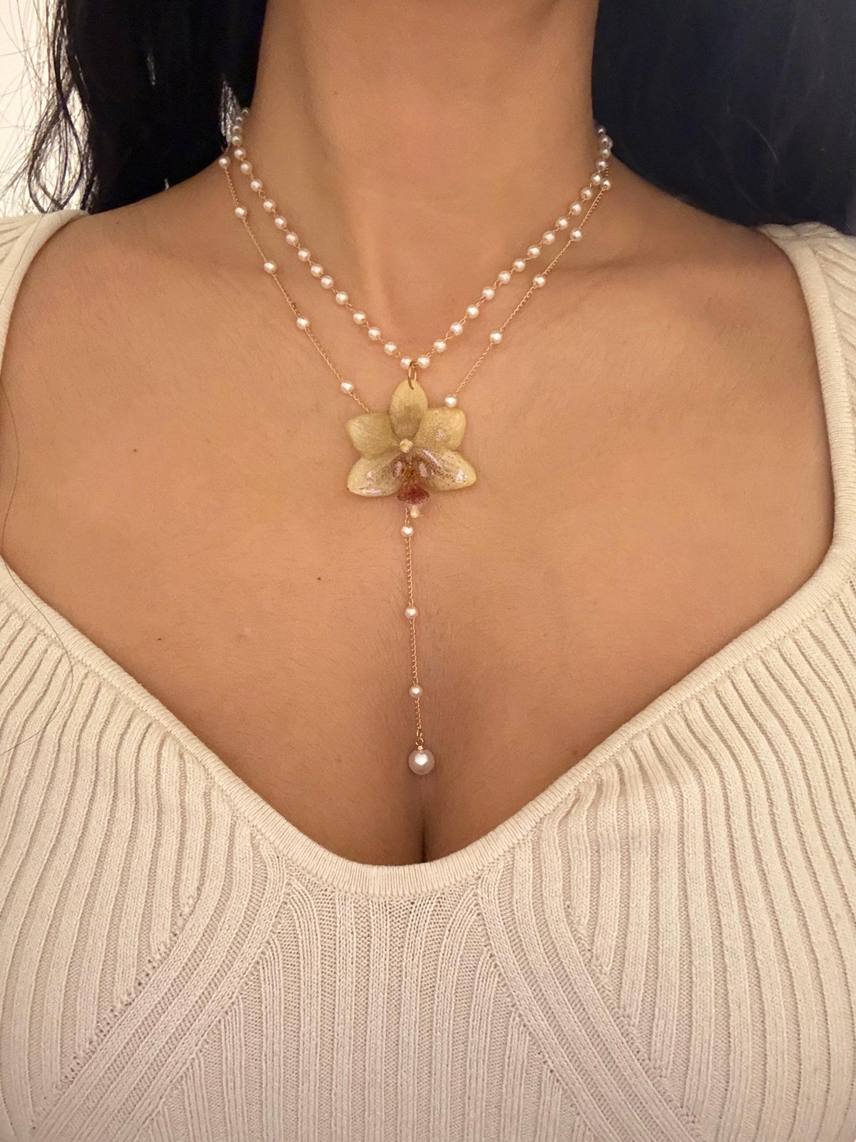 Orchid Pearl Necklace, Real Orchid Pendant, Handmade Botanical Jewellery