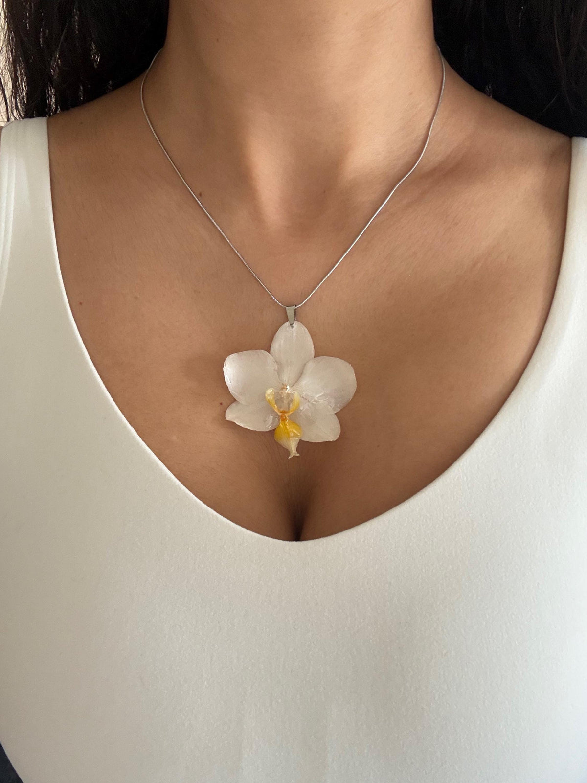 Real Orchid Necklace – Handmade Resin Botanical Jewellery, Stainless Steel Chain