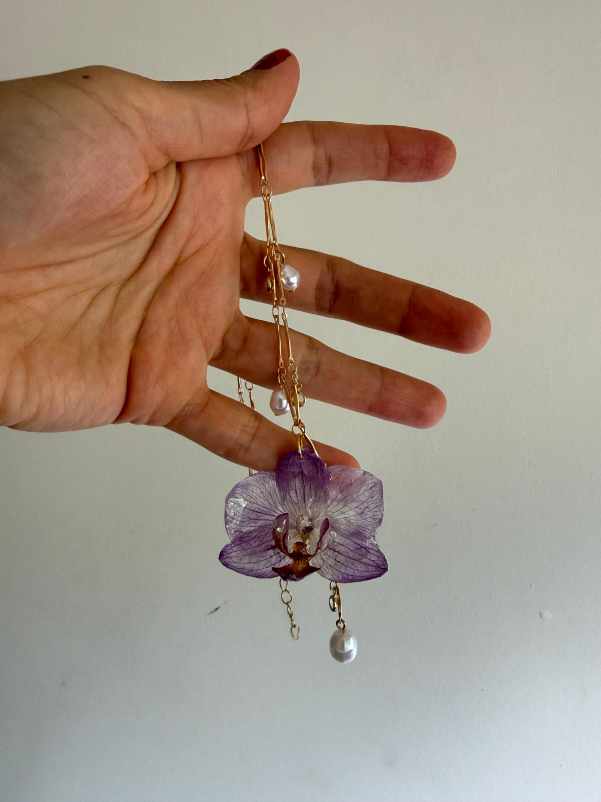 Real Orchid Pendant, Orchid Pearl Necklace, Handmade Botanical Jewellery