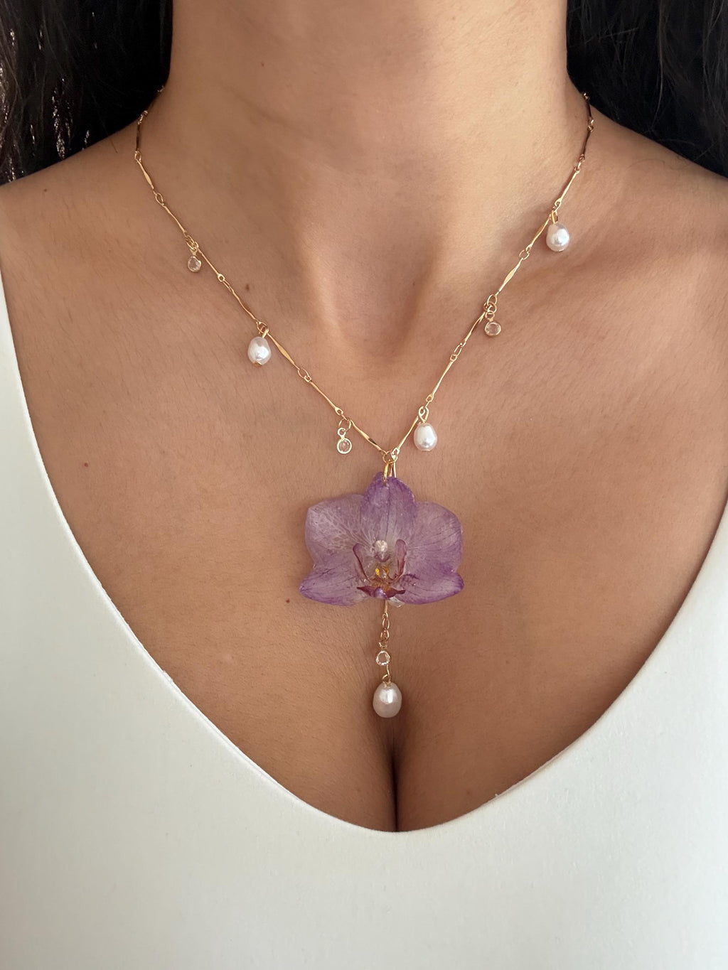 Real Orchid Pendant, Orchid Pearl Necklace, Handmade Botanical Jewellery