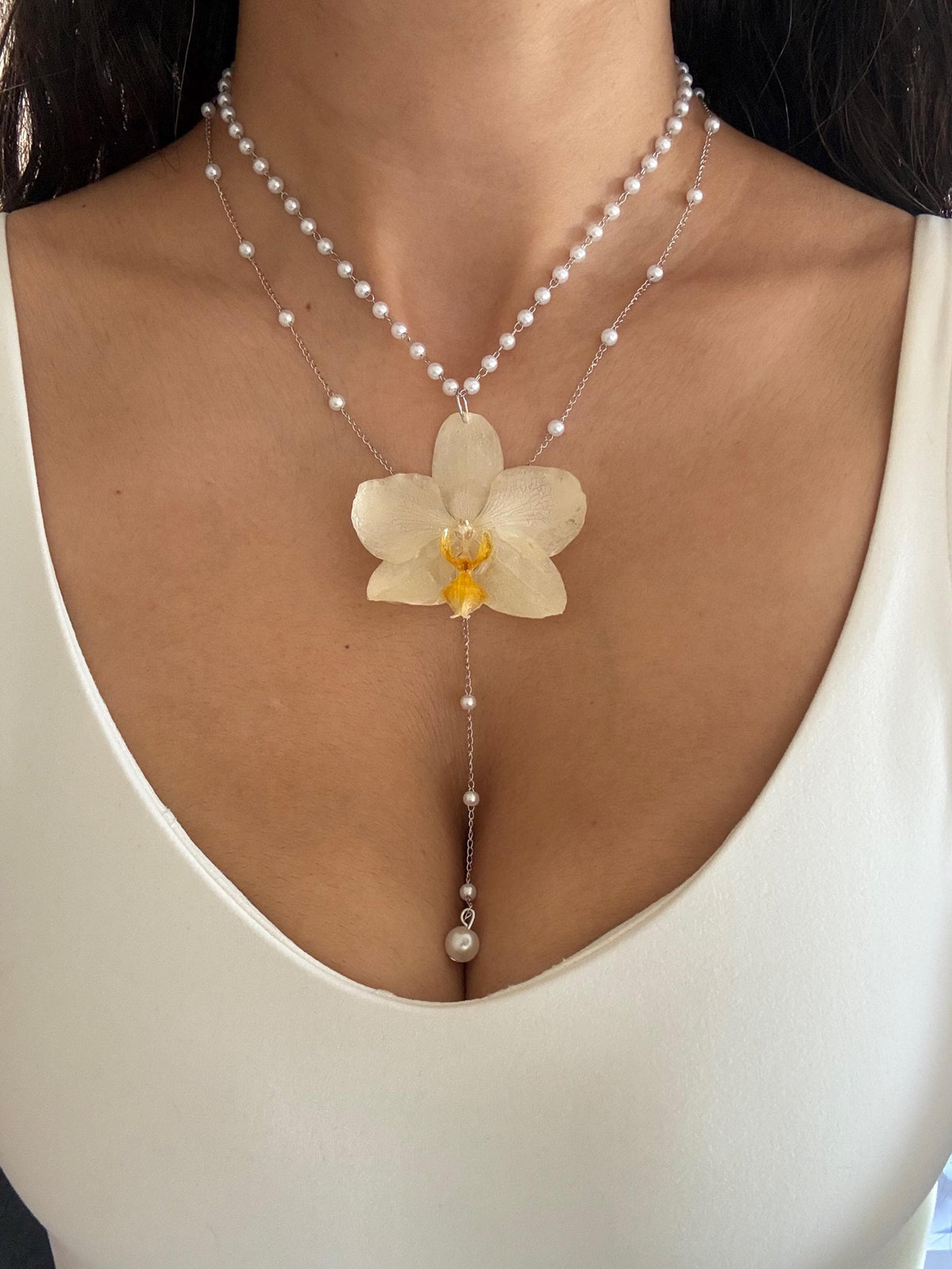 Orchid Pearl Necklace, Real Orchid Pendant, Handmade Botanical Jewellery