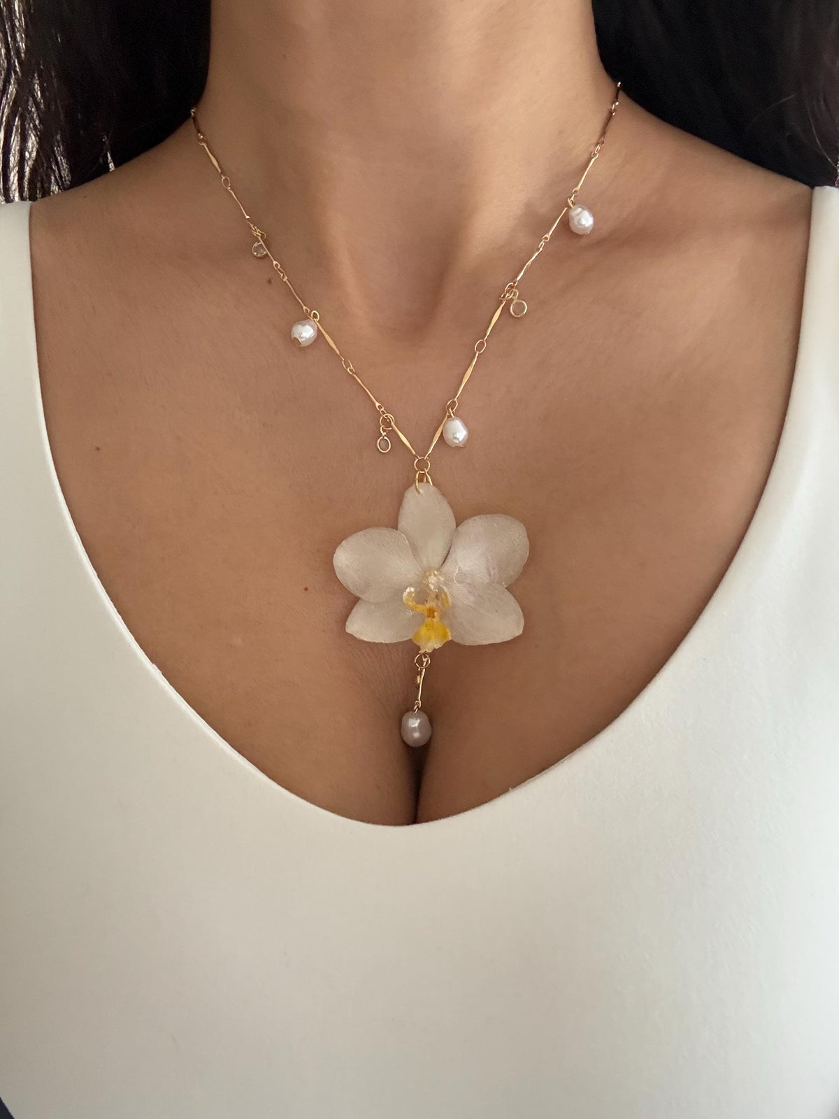 Real Orchid Pendant, Orchid Pearl Necklace, Handmade Botanical Jewellery