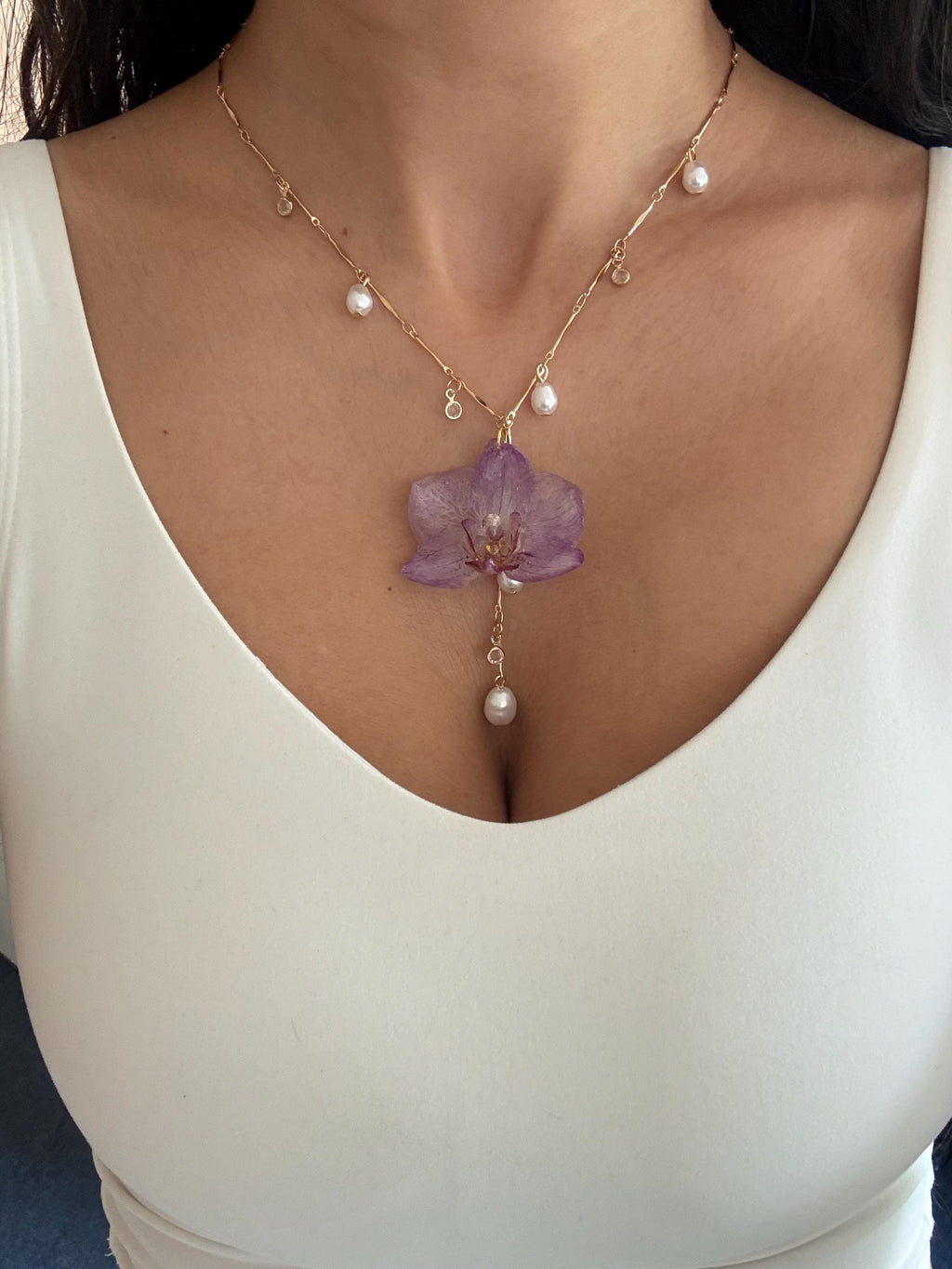 Real Orchid Pendant, Orchid Pearl Necklace, Handmade Botanical Jewellery