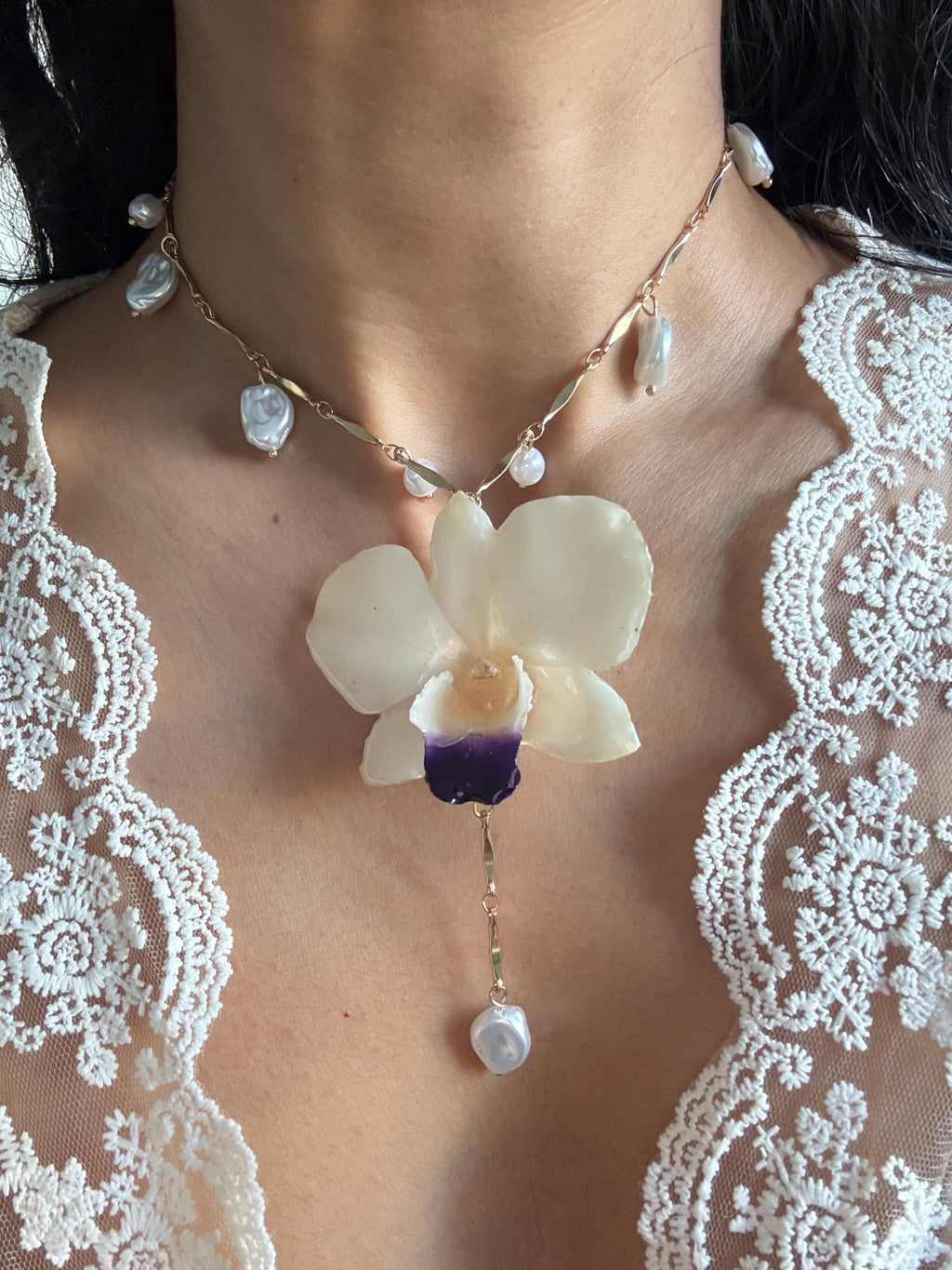 Real Orchid Pendant, Orchid Pearl Necklace, Handmade Botanical Jewellery