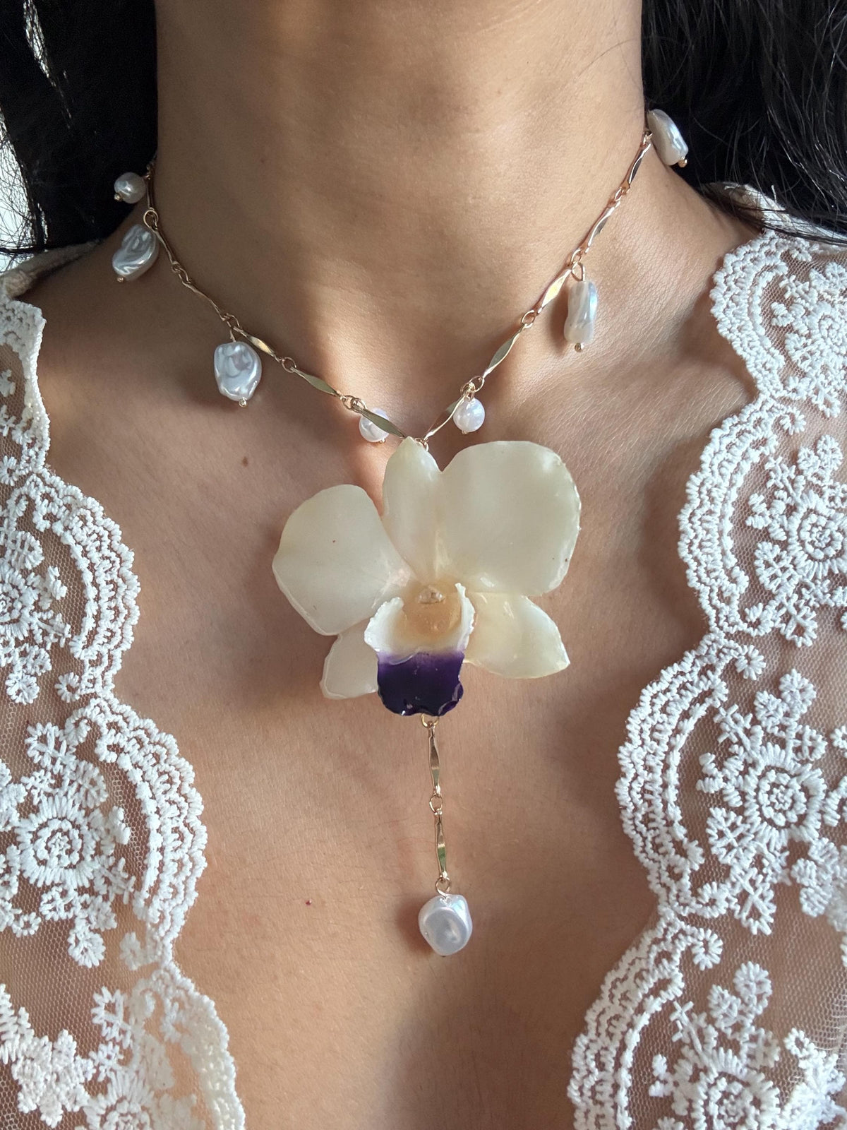 Real Orchid Pendant, Orchid Pearl Necklace, Handmade Botanical Jewellery