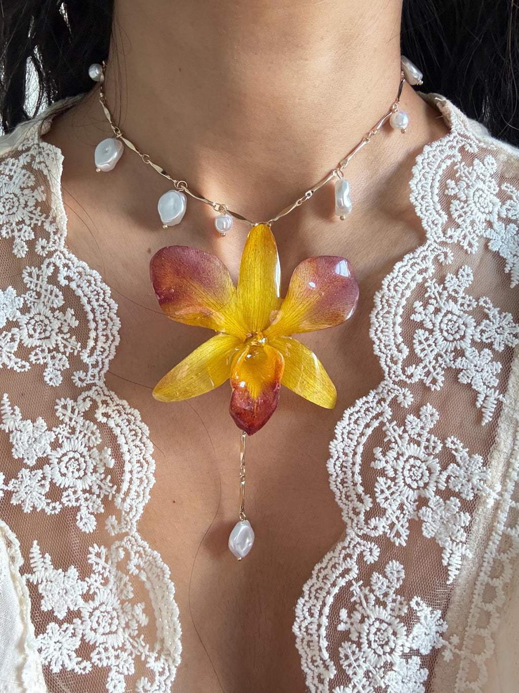 Real Orchid Pendant, Orchid Pearl Necklace, Handmade Botanical Jewellery