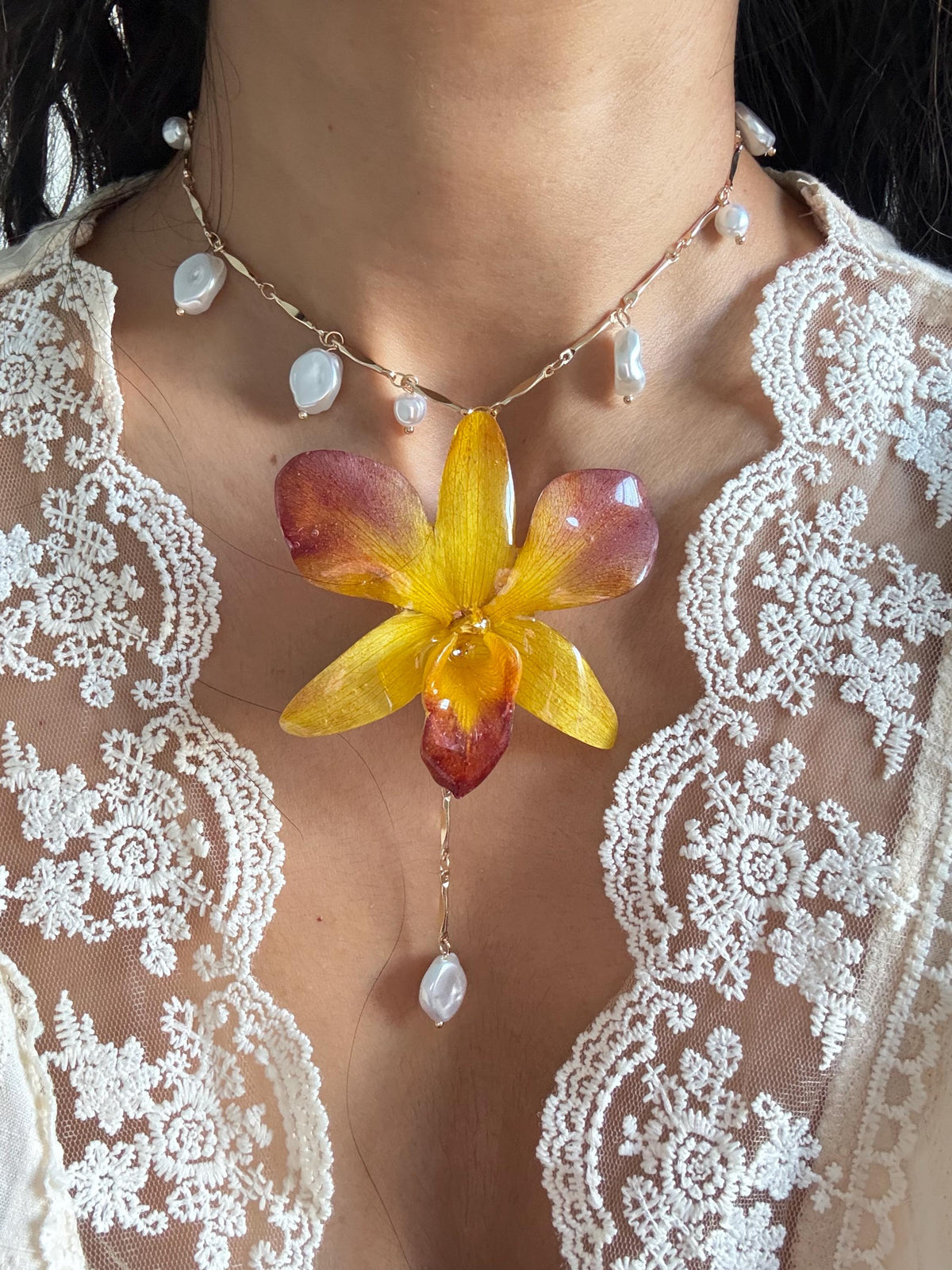 Real Orchid Pendant, Orchid Pearl Necklace, Handmade Botanical Jewellery