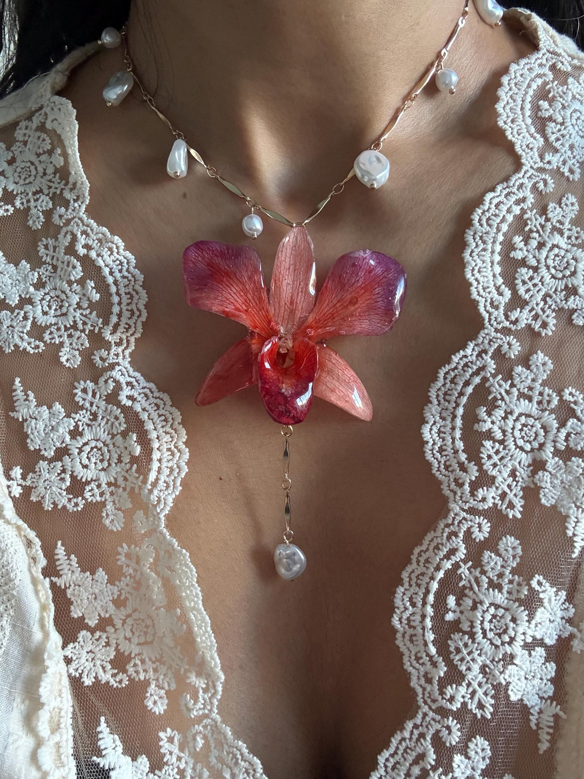 Real Orchid Pendant, Orchid Pearl Necklace, Handmade Botanical Jewellery