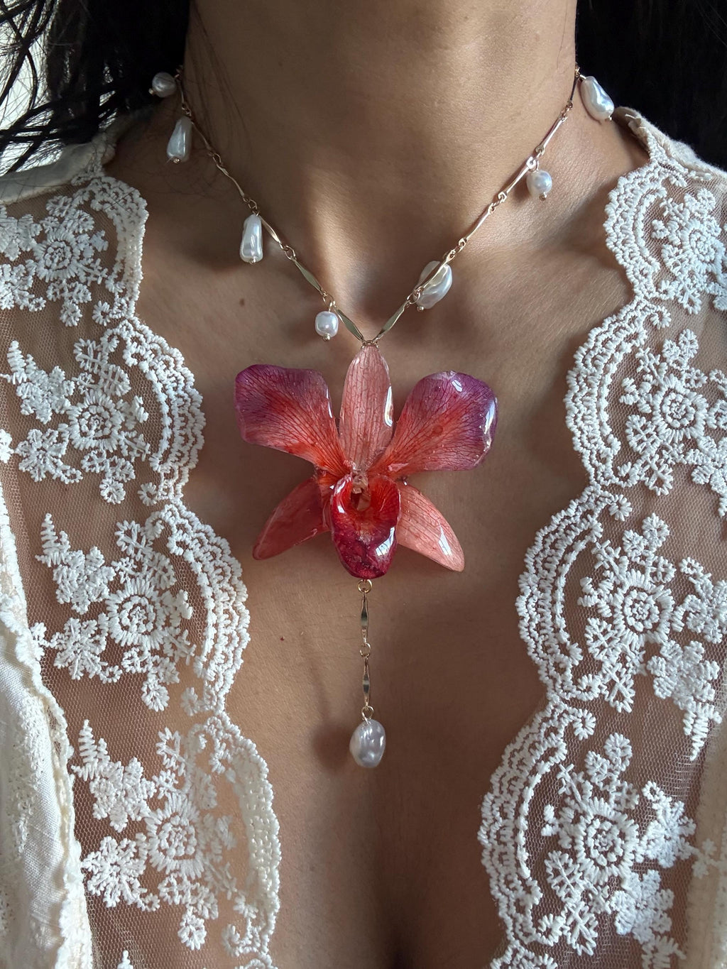 Real Orchid Pendant, Orchid Pearl Necklace, Handmade Botanical Jewellery