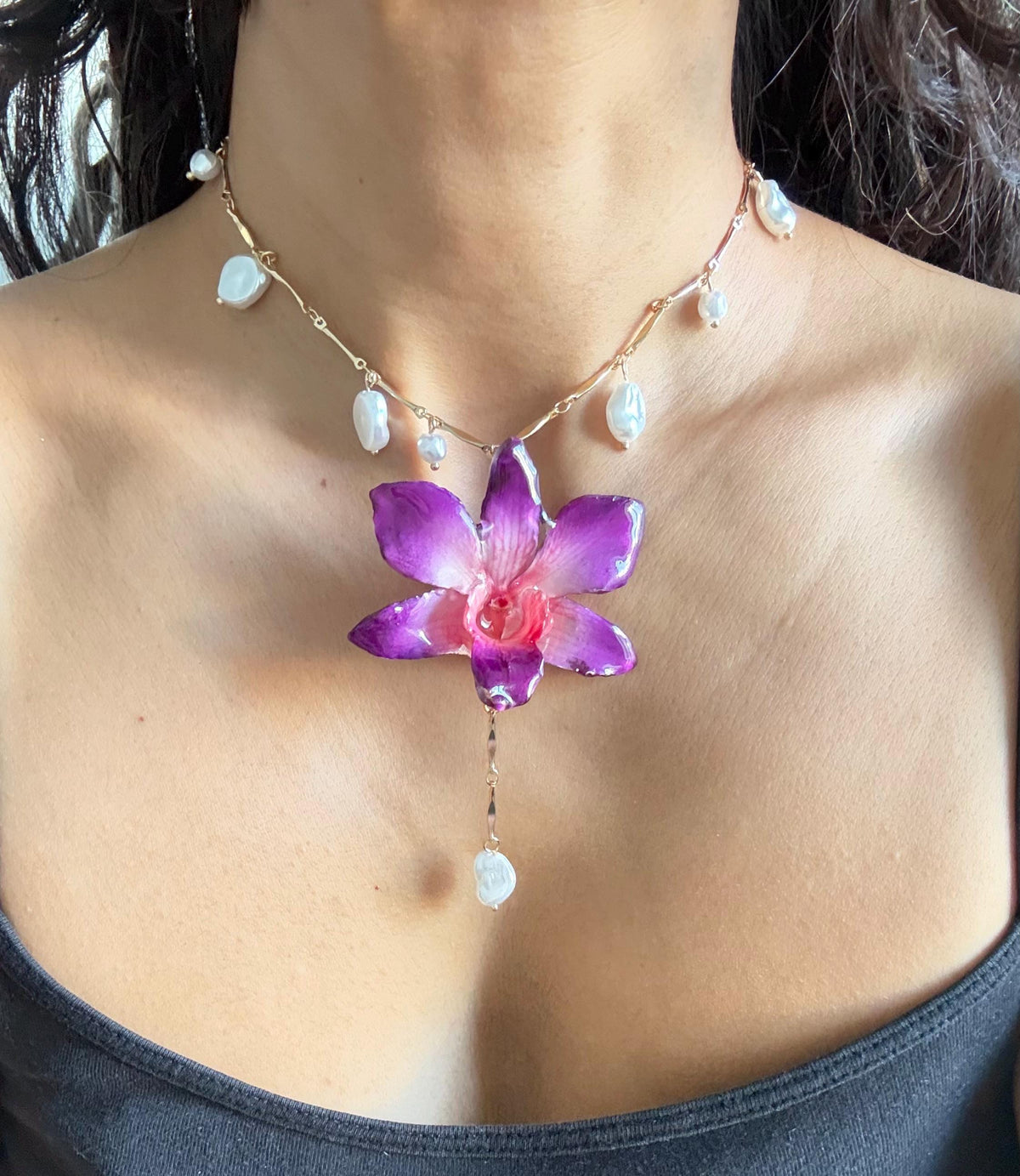 Real Orchid Pendant, Orchid Pearl Necklace, Handmade Botanical Jewellery