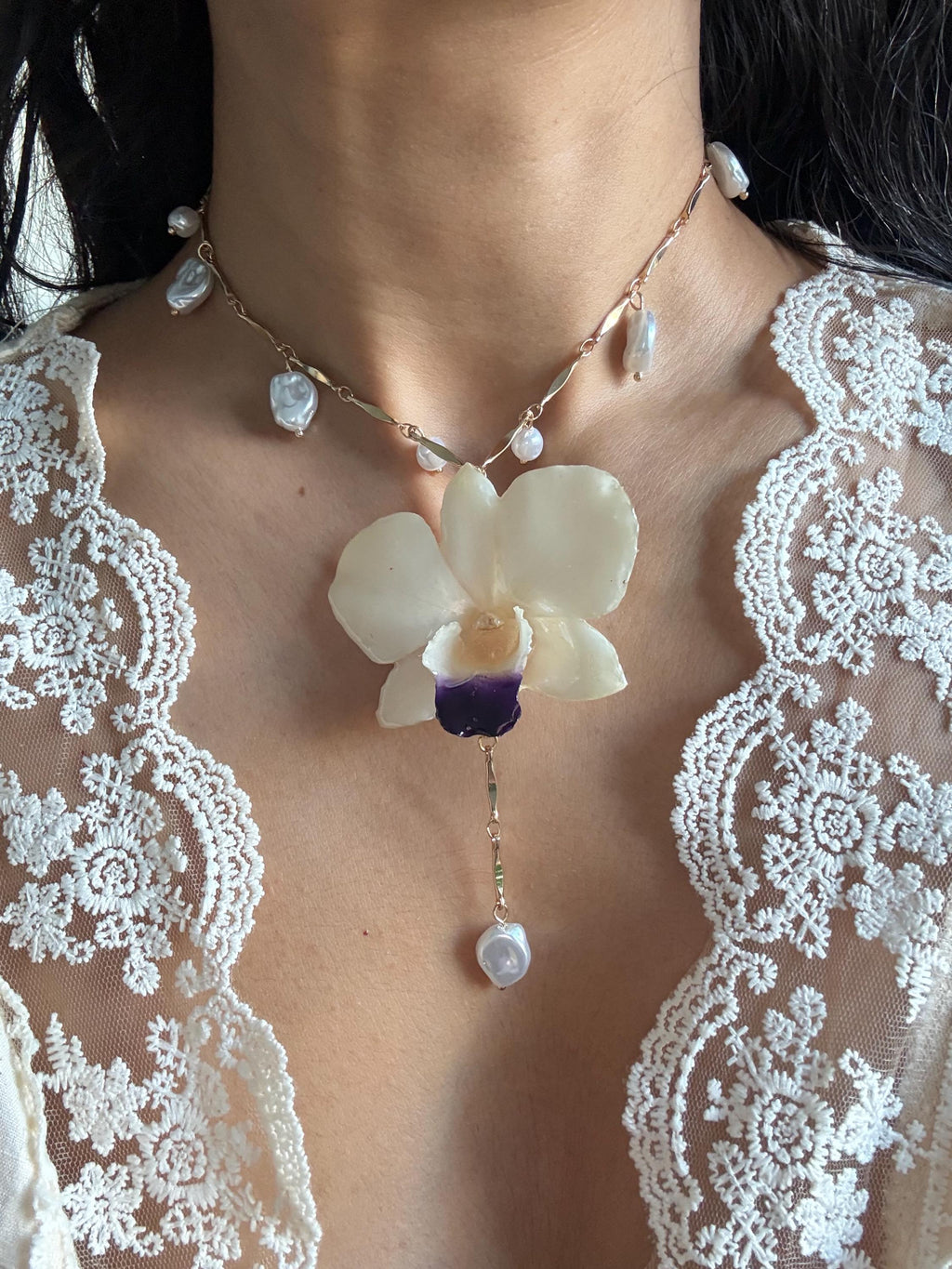 Real Orchid Pendant, Orchid Pearl Necklace, Handmade Botanical Jewellery