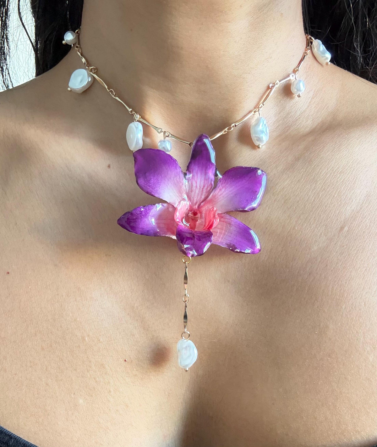 Real Orchid Pendant, Orchid Pearl Necklace, Handmade Botanical Jewellery