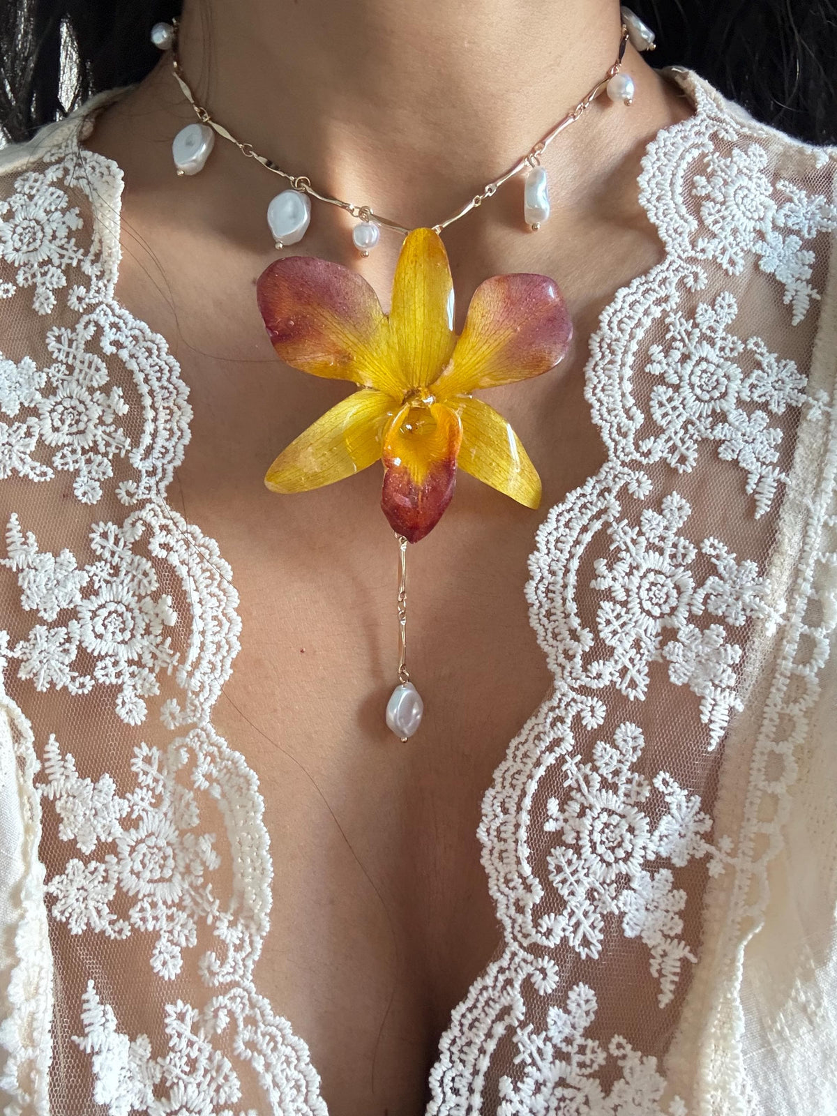 Real Orchid Pendant, Orchid Pearl Necklace, Handmade Botanical Jewellery