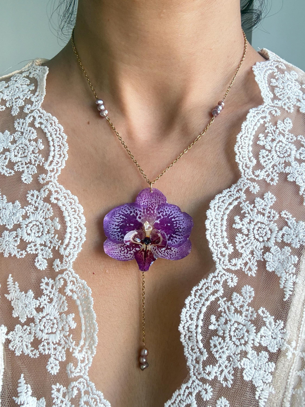 Handmade Orchid Necklace, fresh water pearl, Nature-Inspired Pearl Jewellery