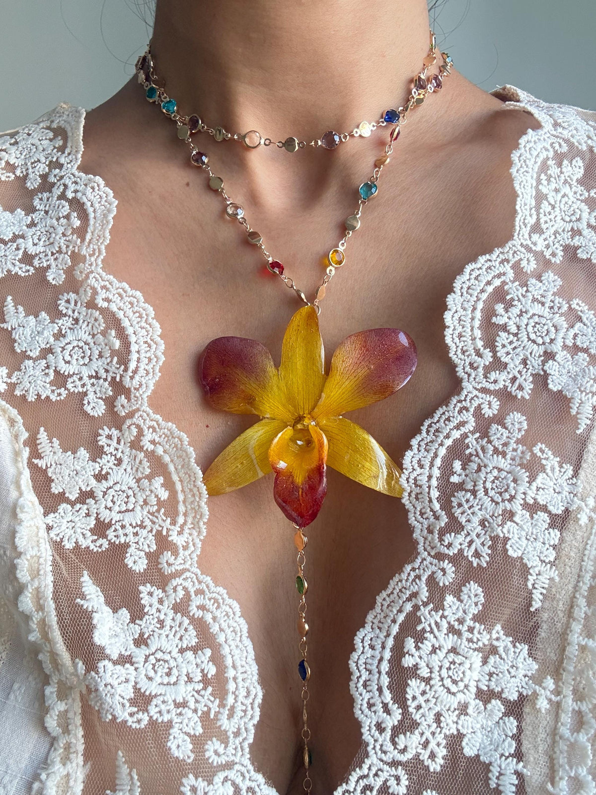 Orchid Pearl Necklace, Real Phalaenopsis orchid Pendant, Handmade Jewellery
