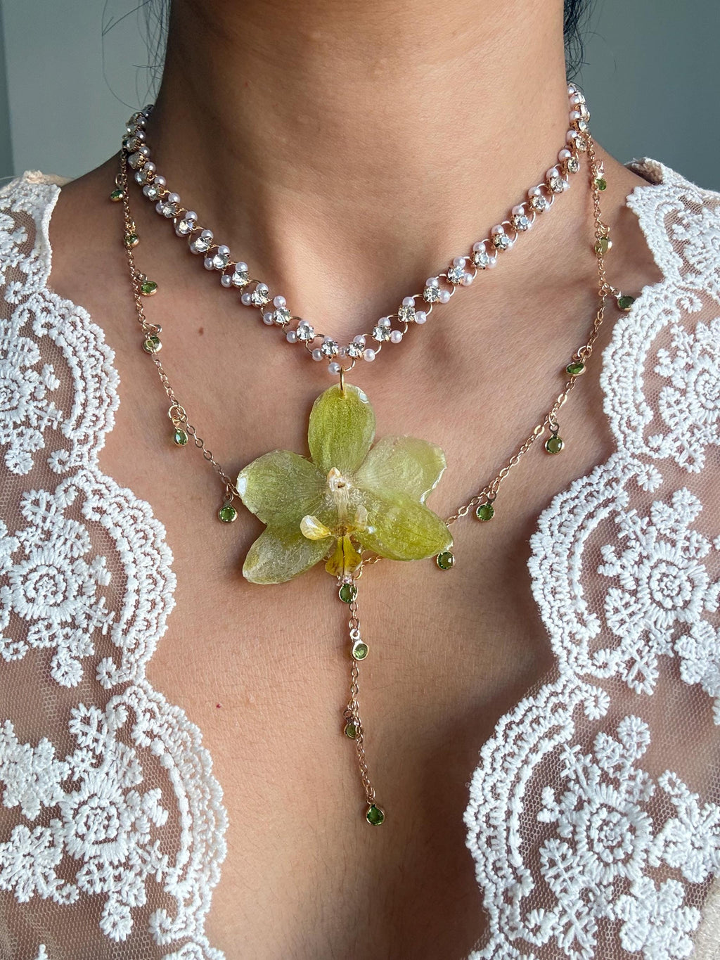 Orchid Pearl Necklace, Real Phalaenopsis orchid Pendant, Handmade Jewellery