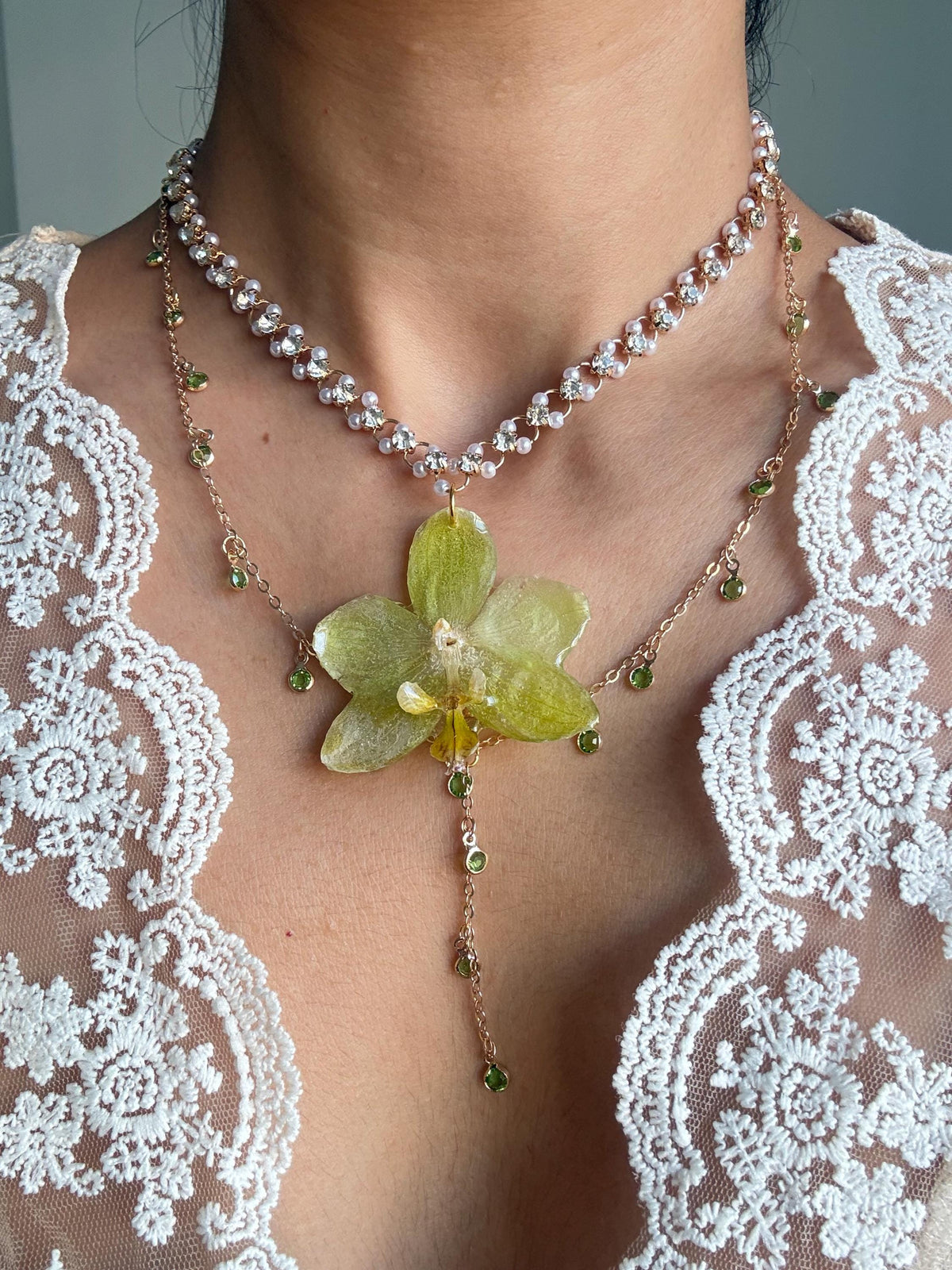 Orchid Pearl Necklace, Real Phalaenopsis orchid Pendant, Handmade Jewellery
