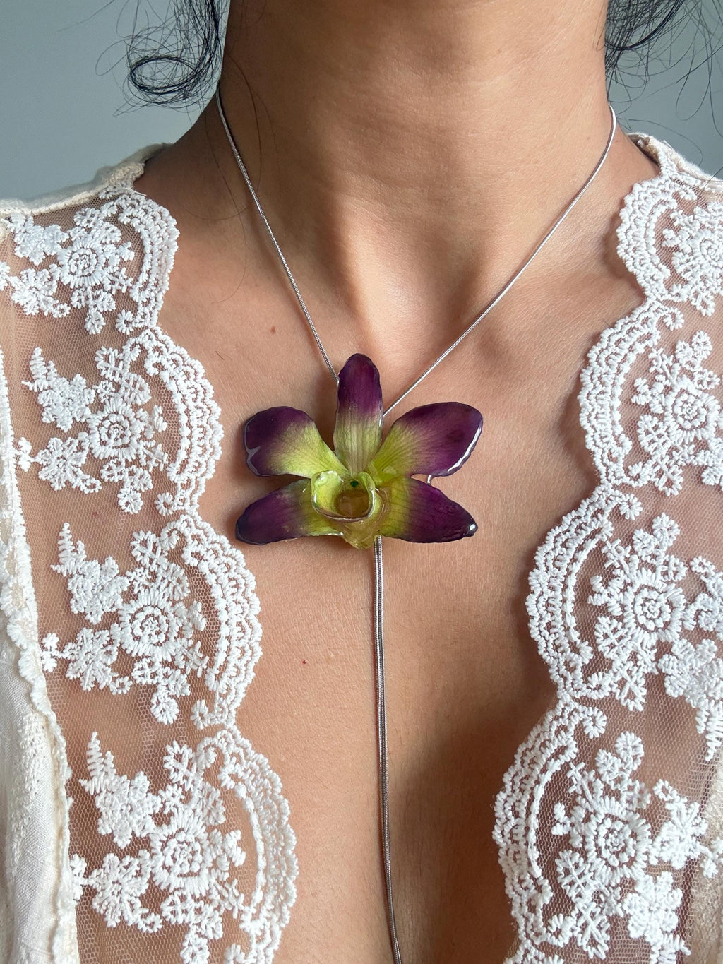 Real Orchid Pearl Necklace, Handmade Botanical Jewellery, Orchid Pendant