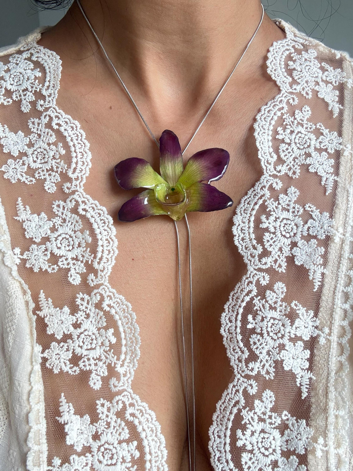 Real Orchid Pearl Necklace, Handmade Botanical Jewellery, Orchid Pendant
