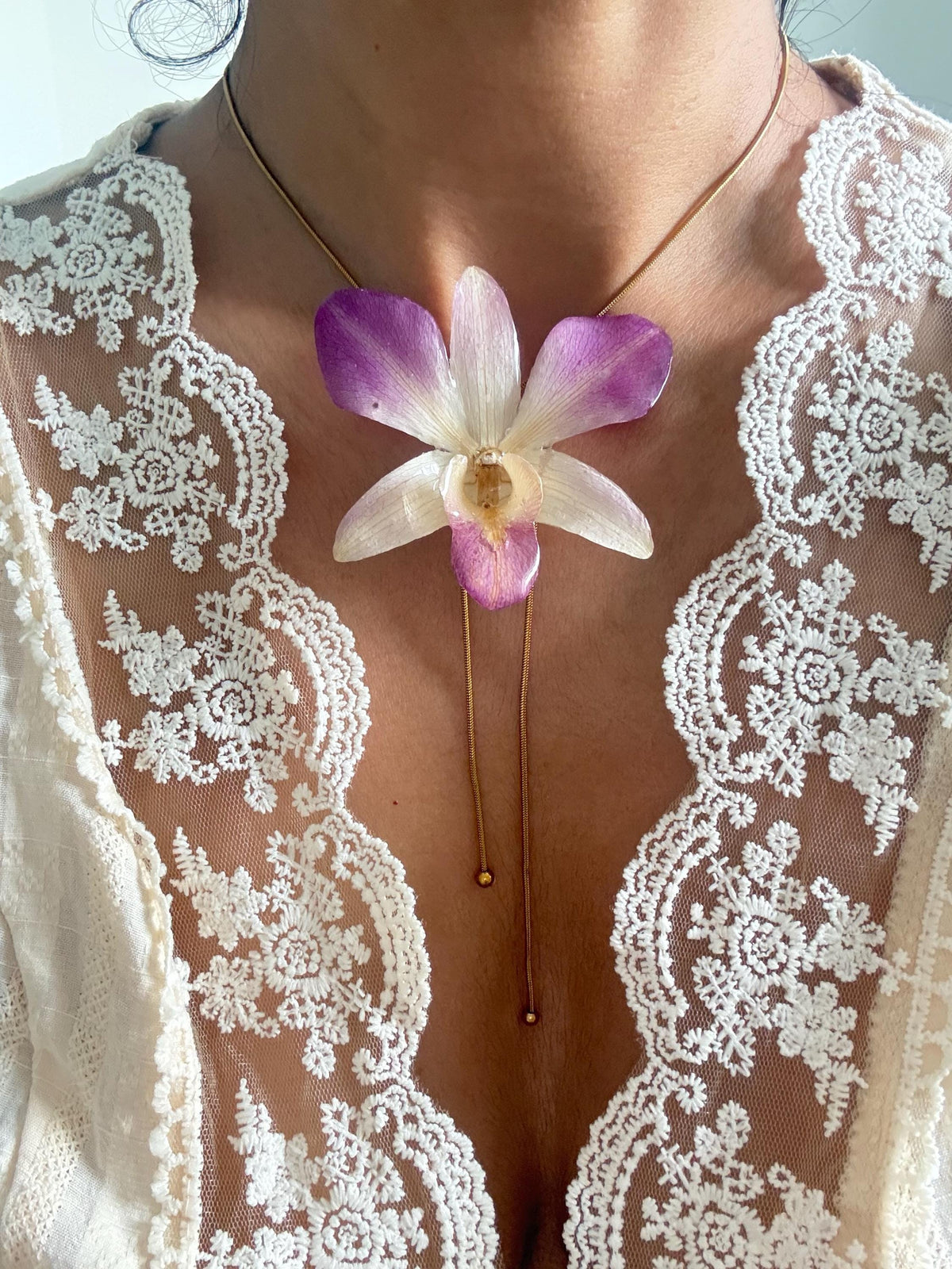 Real Orchid Statement Necklace – Preserved Orchid Flower Pendant | Nature-Inspired Botanical Jewellery
