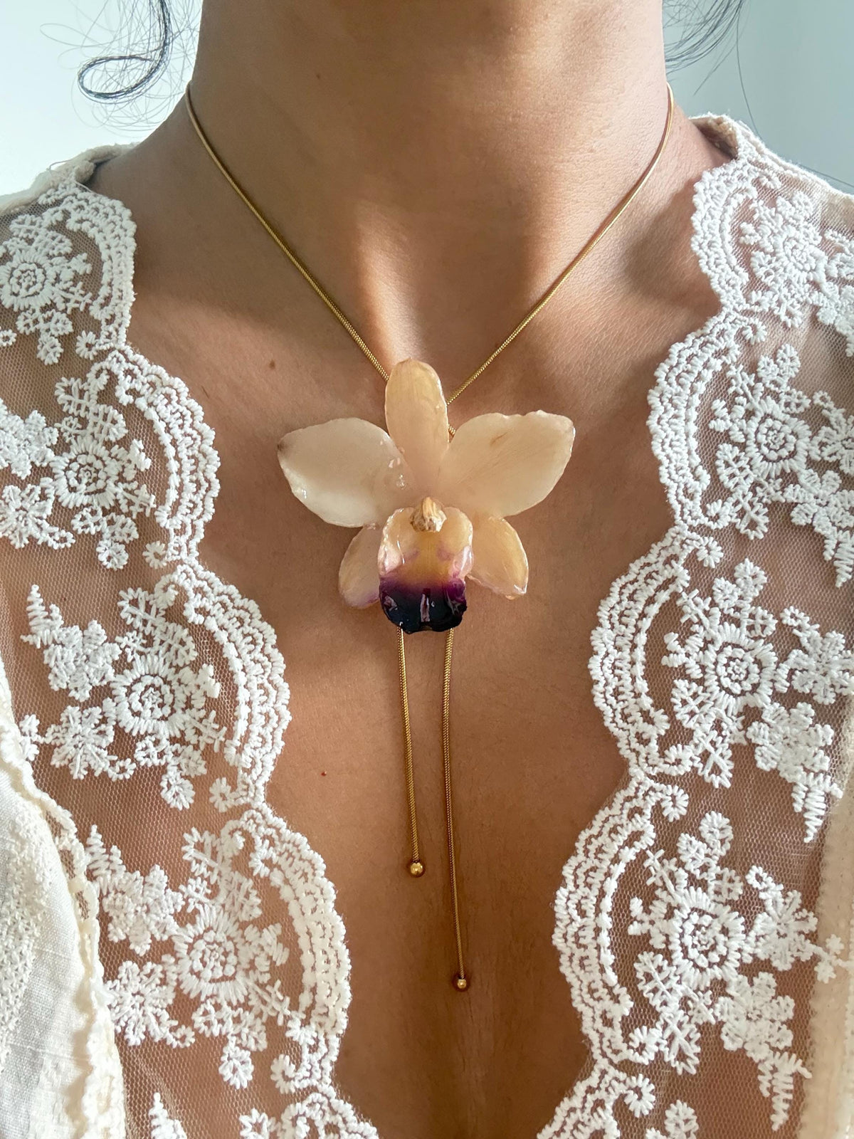 Real Orchid Statement Necklace – Preserved Orchid Flower Pendant | Nature-Inspired Botanical Jewellery