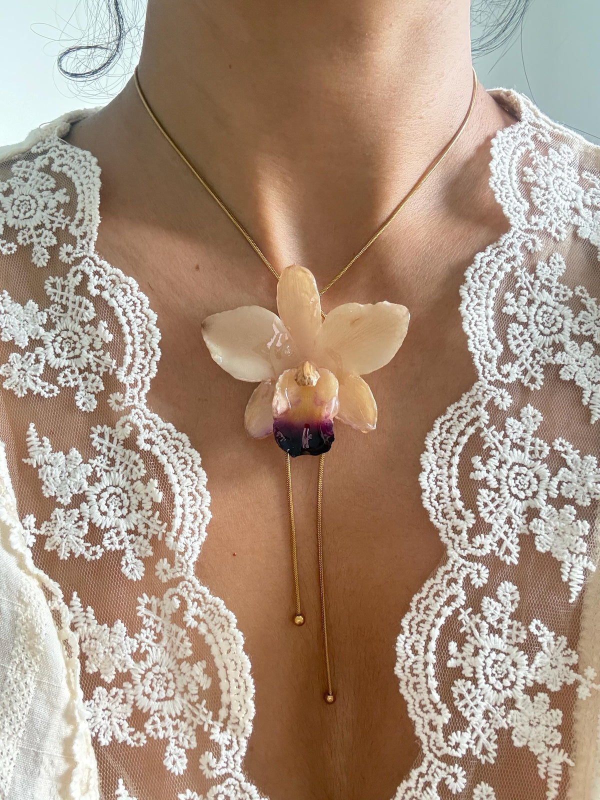 Real Orchid Statement Necklace – Preserved Orchid Flower Pendant | Nature-Inspired Botanical Jewellery
