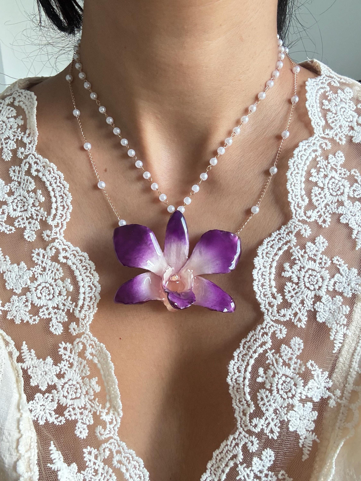 Real Orchid Statement Necklace, Nature-Inspired Botanical Jewelry