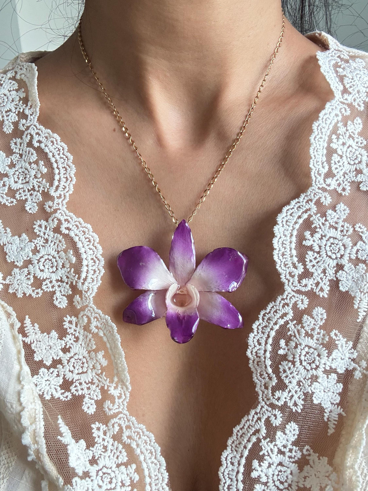 Real Orchid Necklace | 14K Gold Plated Chain Botanical Pendant