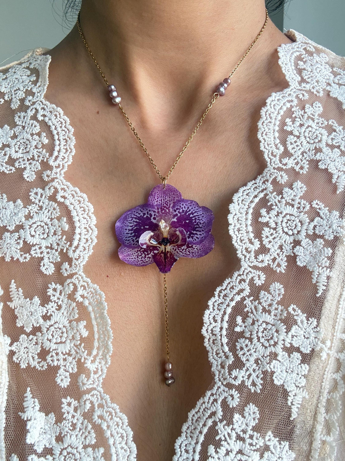 Handmade Orchid Necklace, fresh water pearl, Nature-Inspired Pearl Jewellery