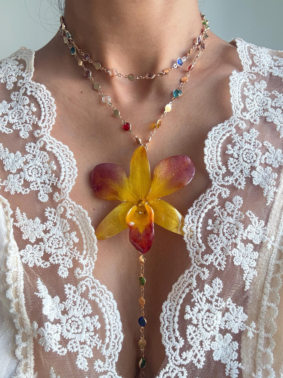 Orchid Pearl Necklace, Real Phalaenopsis orchid Pendant, Handmade Jewellery