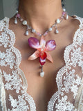 Orchid Pearl Necklace, Real Phalaenopsis orchid Pendant, Handmade Jewellery
