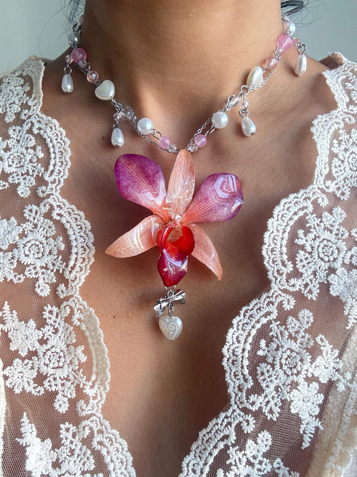 Orchid Pearl Necklace, Real Phalaenopsis orchid Pendant, Handmade Jewellery