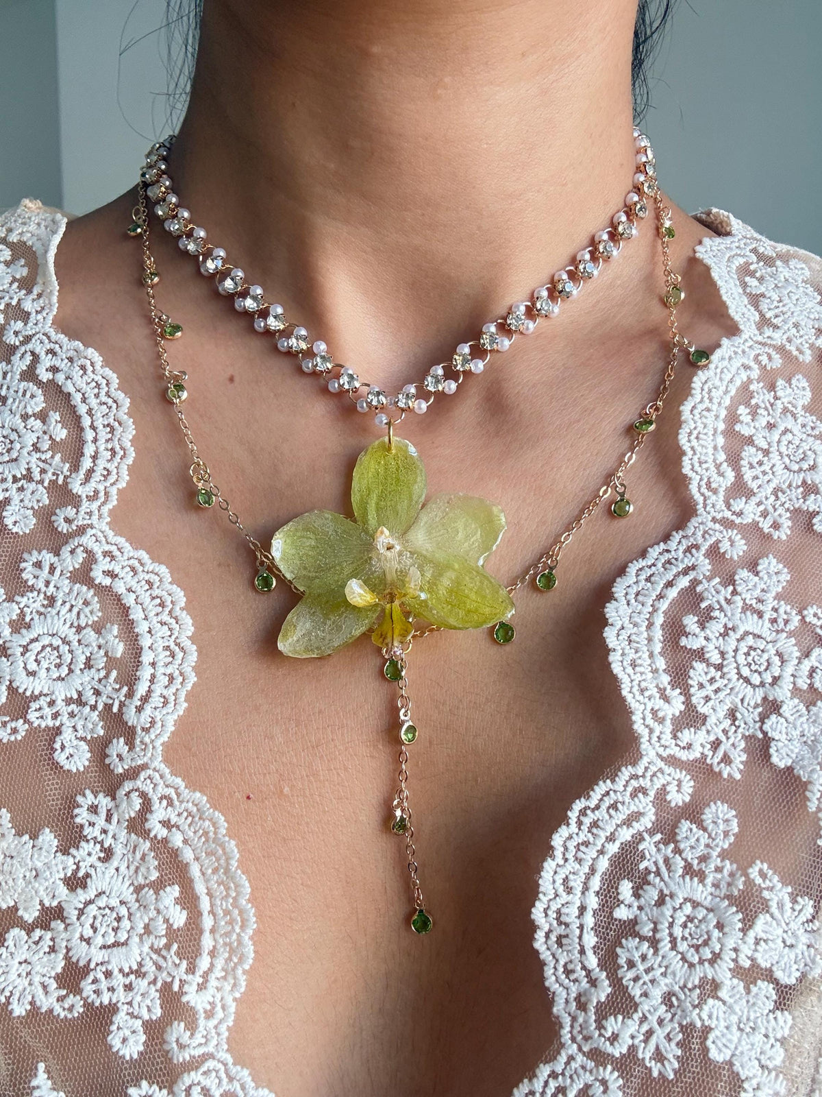 Orchid Pearl Necklace, Real Phalaenopsis orchid Pendant, Handmade Jewellery