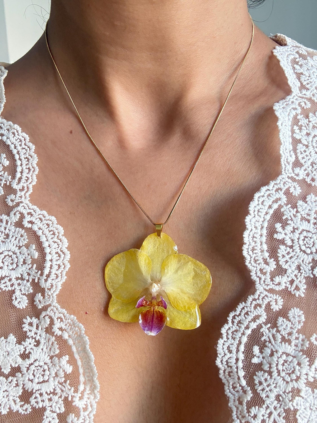 Real Orchid Necklace – Handmade Resin Botanical Jewellery, Stainless Steel Chain