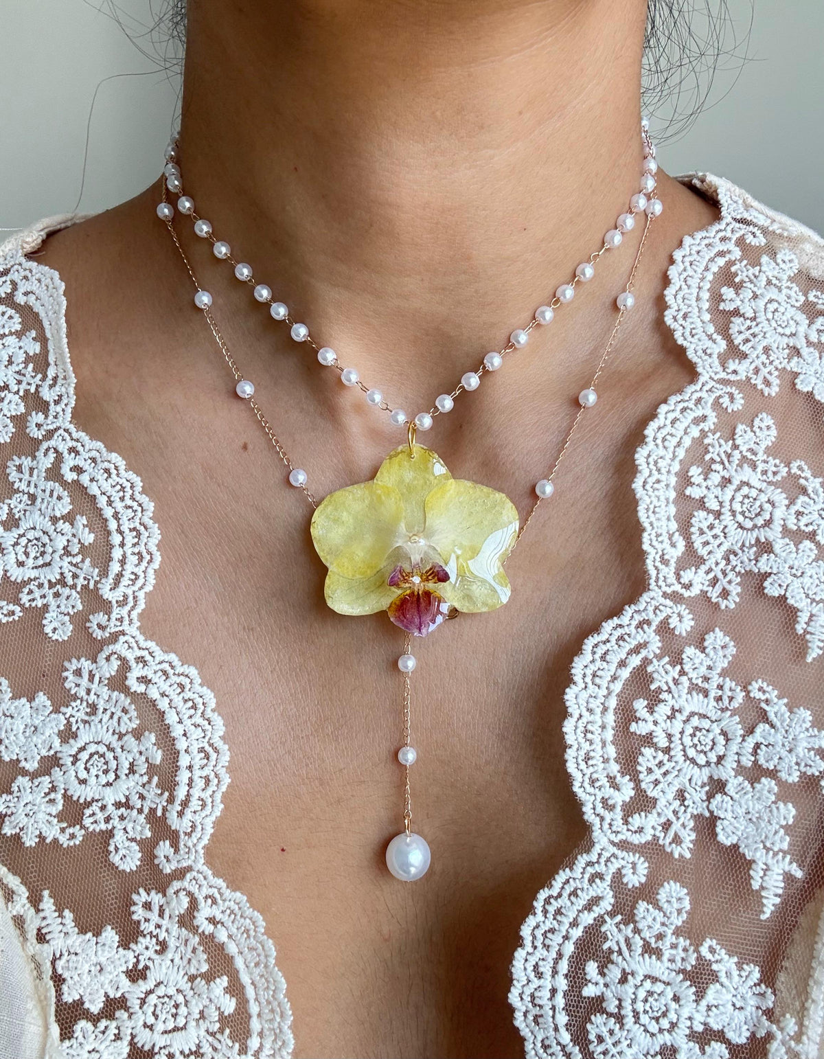 Orchid Pearl Necklace, Real Orchid Pendant, Handmade Botanical Jewellery
