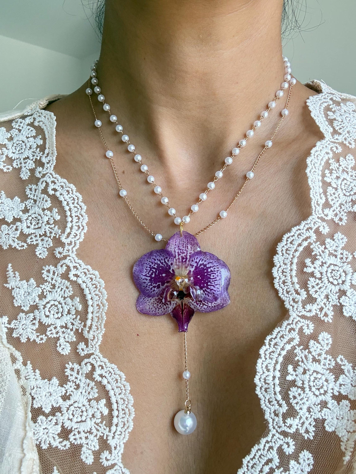 Orchid Pearl Necklace, Real Orchid Pendant, Handmade Botanical Jewellery