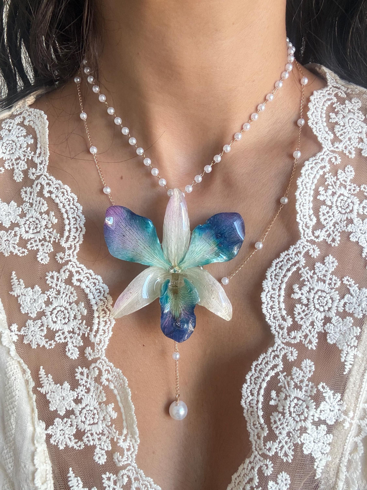Orchid Pearl Necklace, Real Orchid Pendant, Handmade Botanical Jewellery