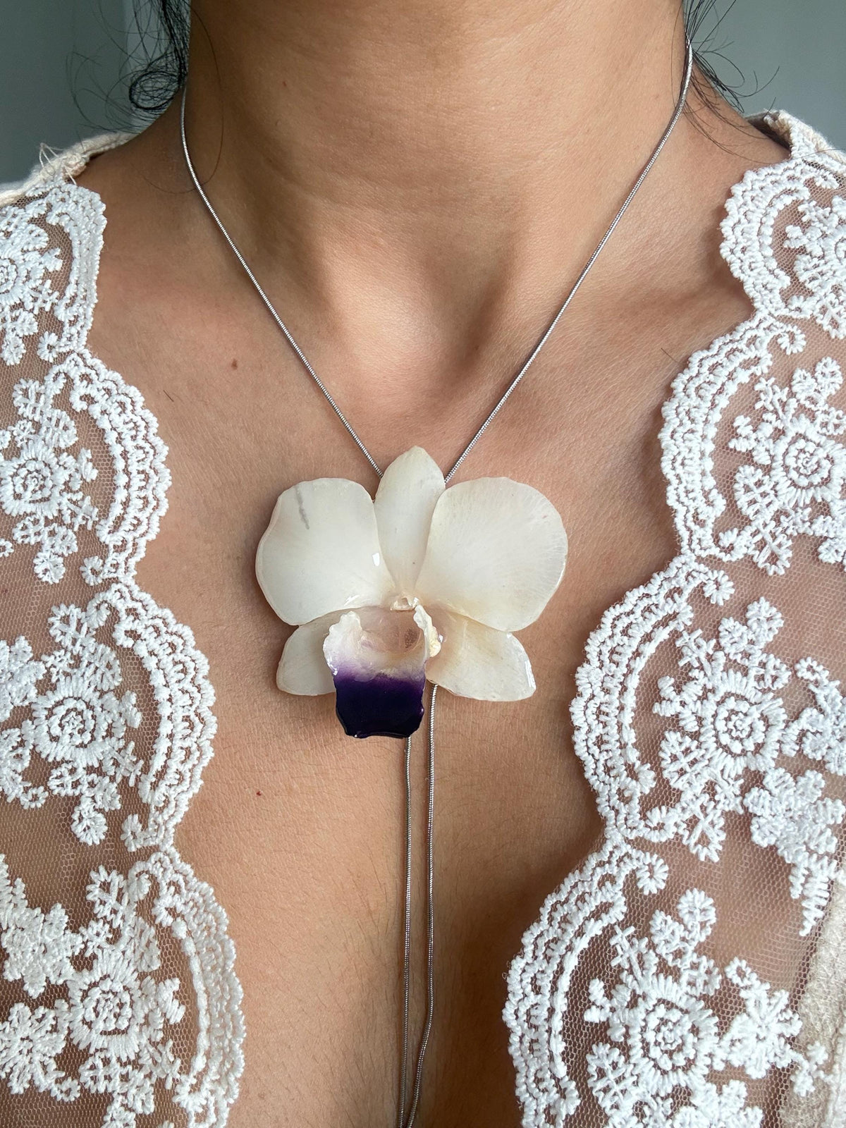 Real Orchid Pearl Necklace, Handmade Botanical Jewellery, Orchid Pendant