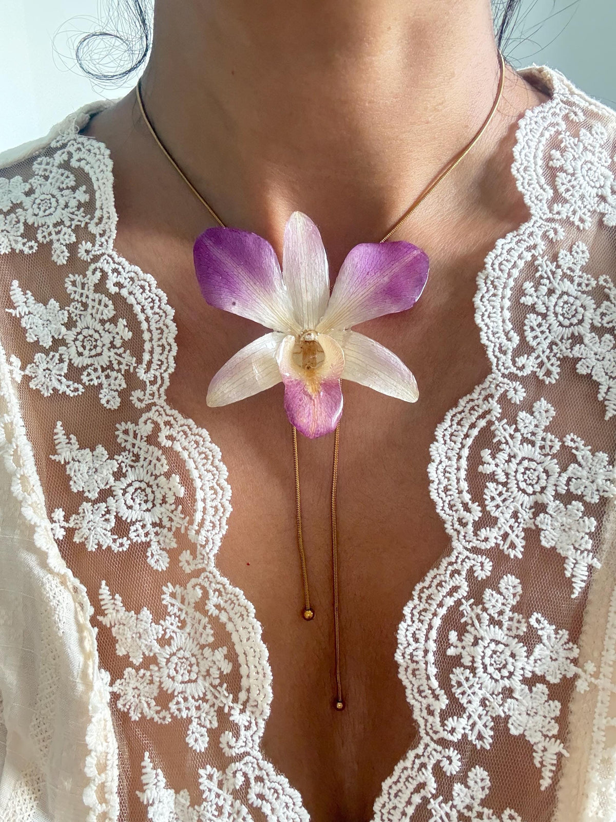 Real Orchid Statement Necklace – Preserved Orchid Flower Pendant | Nature-Inspired Botanical Jewellery