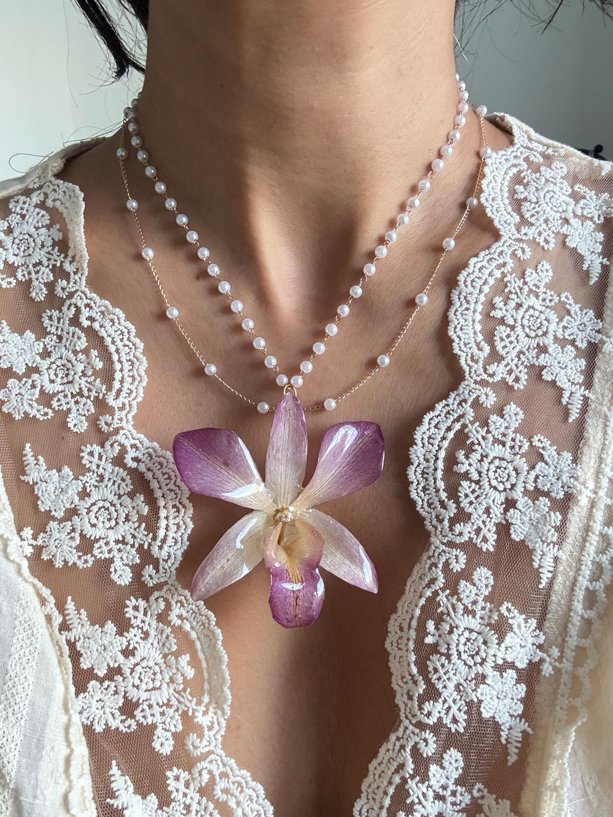 Real Orchid Statement Necklace, Nature-Inspired Botanical Jewelry