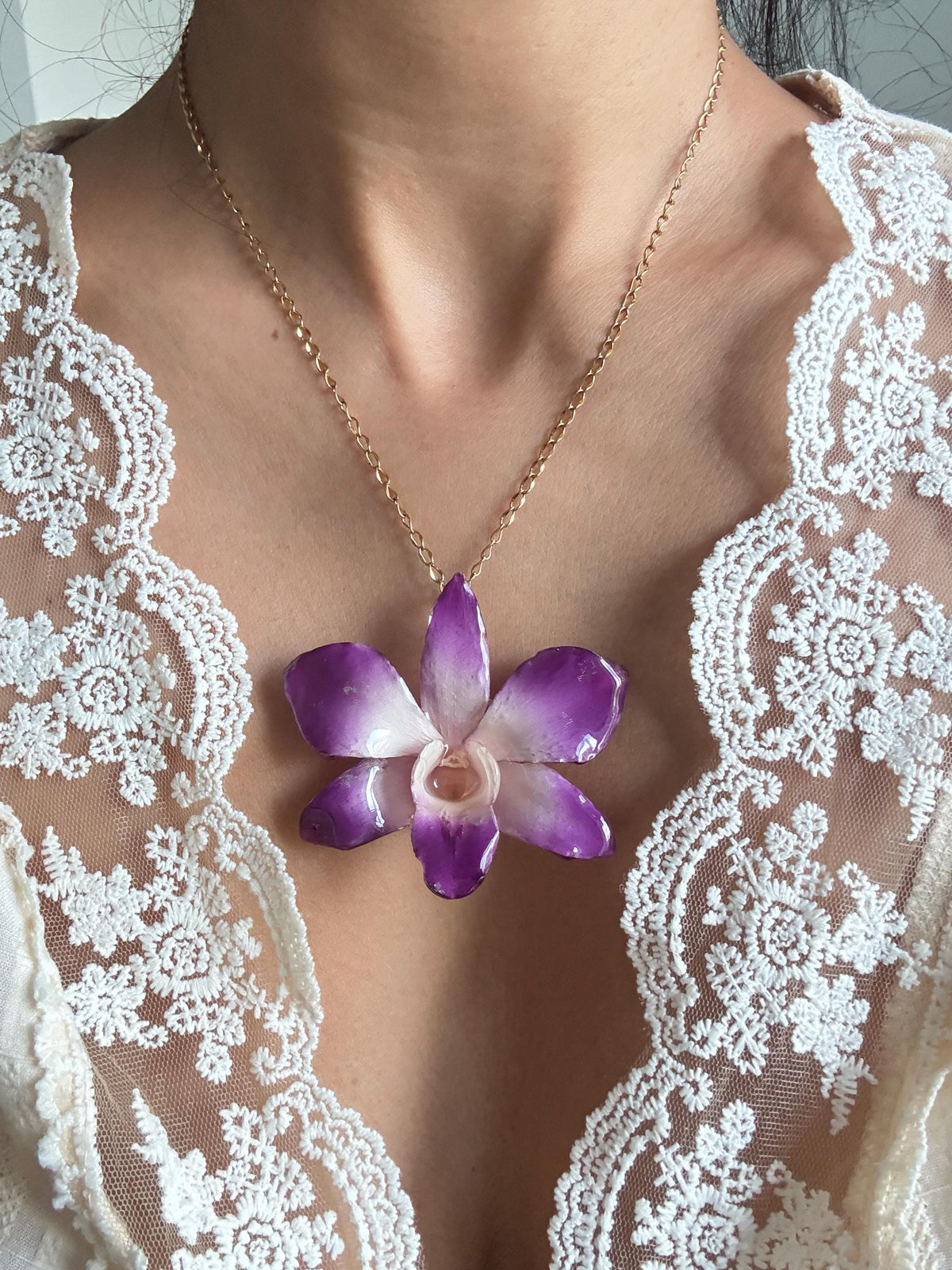 Real Orchid Necklace | 14K Gold Plated Chain Botanical Pendant