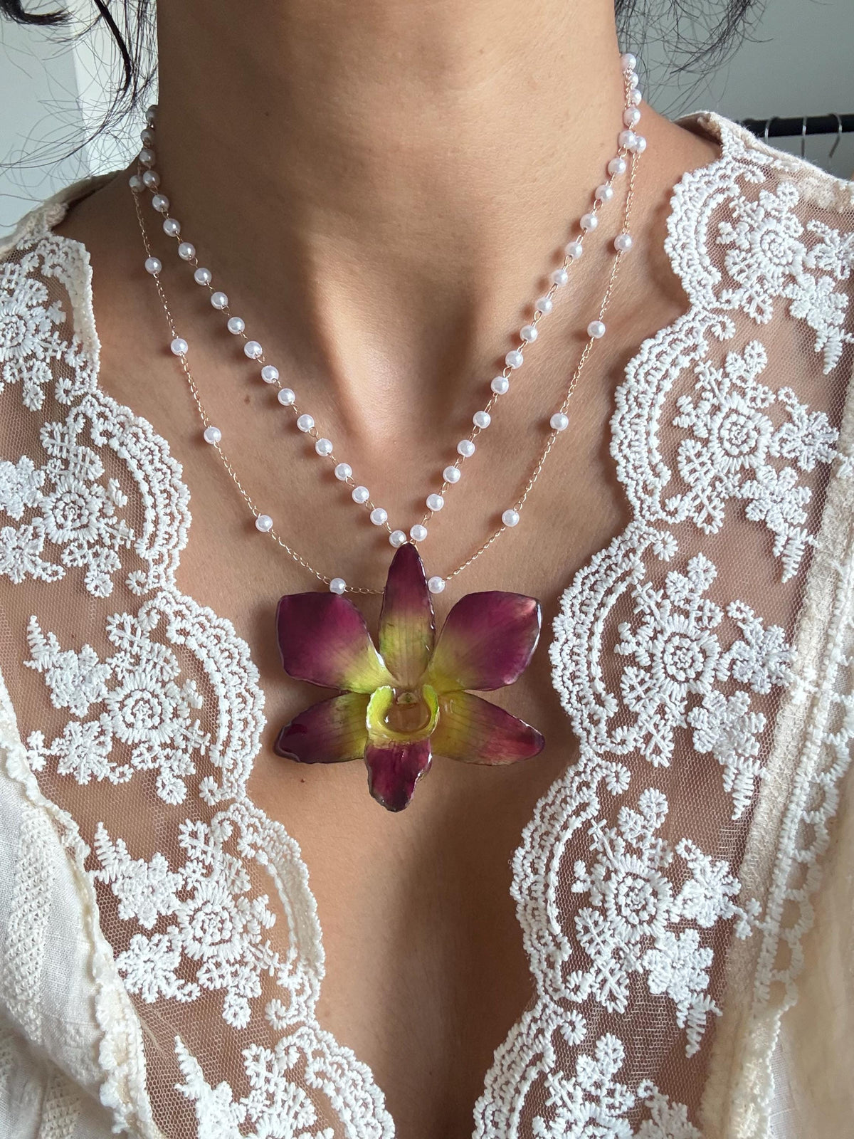 Real Orchid Statement Necklace, Nature-Inspired Botanical Jewelry