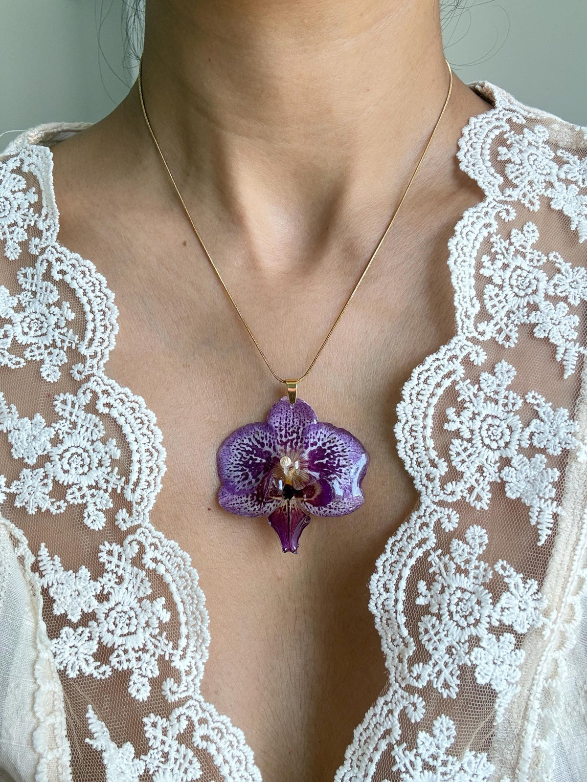 Real Orchid Necklace – Handmade Resin Botanical Jewellery, Stainless Steel Chain