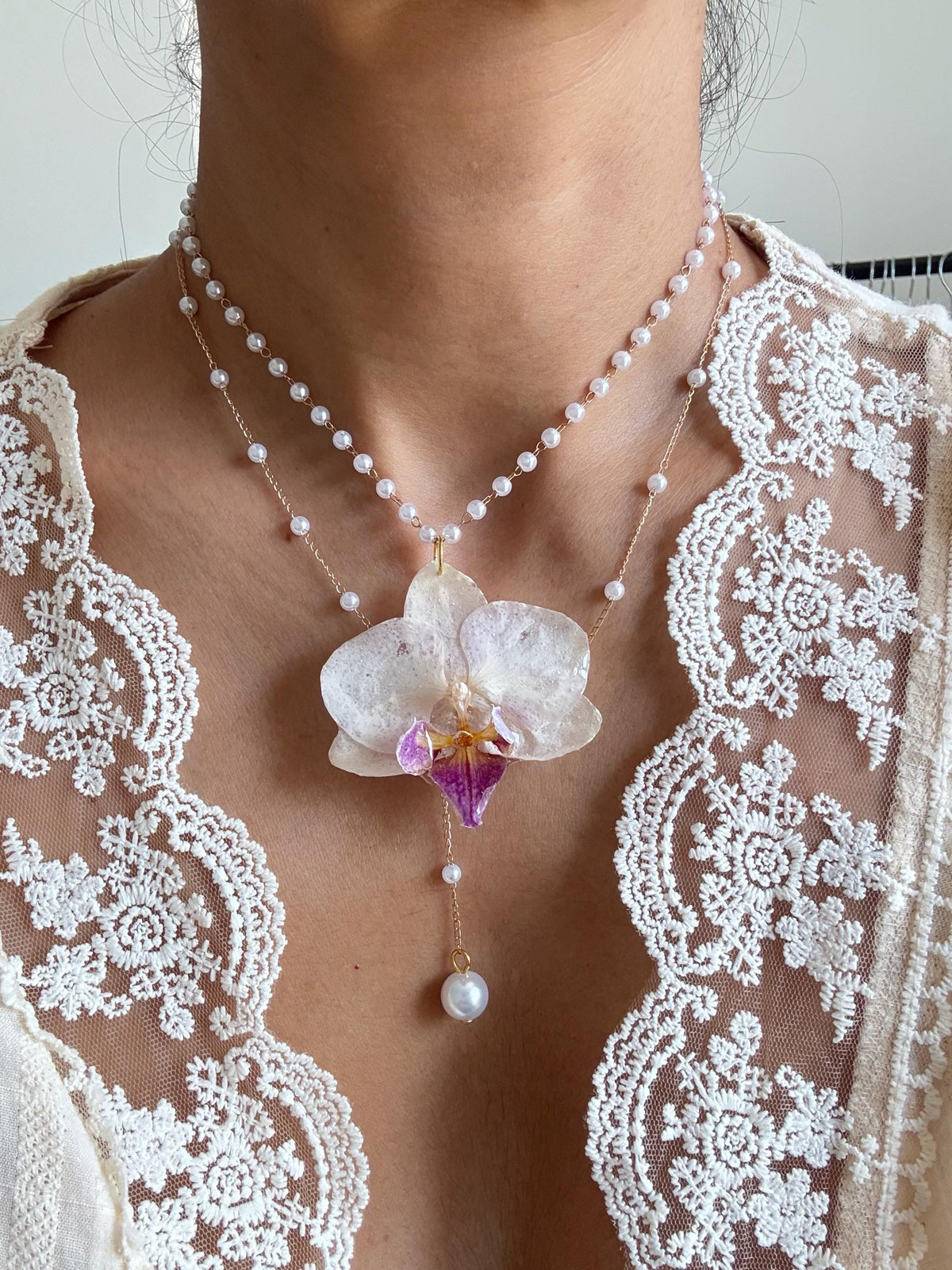 Orchid Pearl Necklace, Real Orchid Pendant, Handmade Botanical Jewellery
