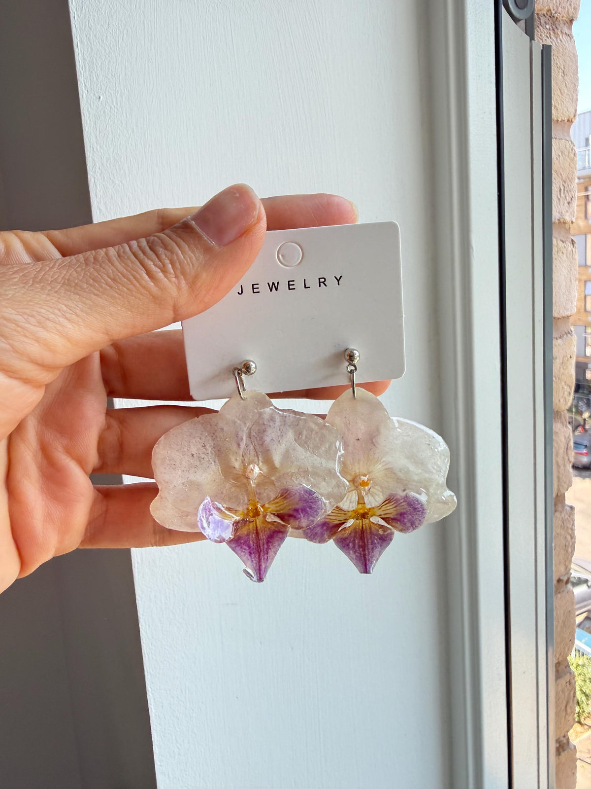 Handmade Resin Orchid Stud Earrings, Real Flower Jewellery, Gift for her
