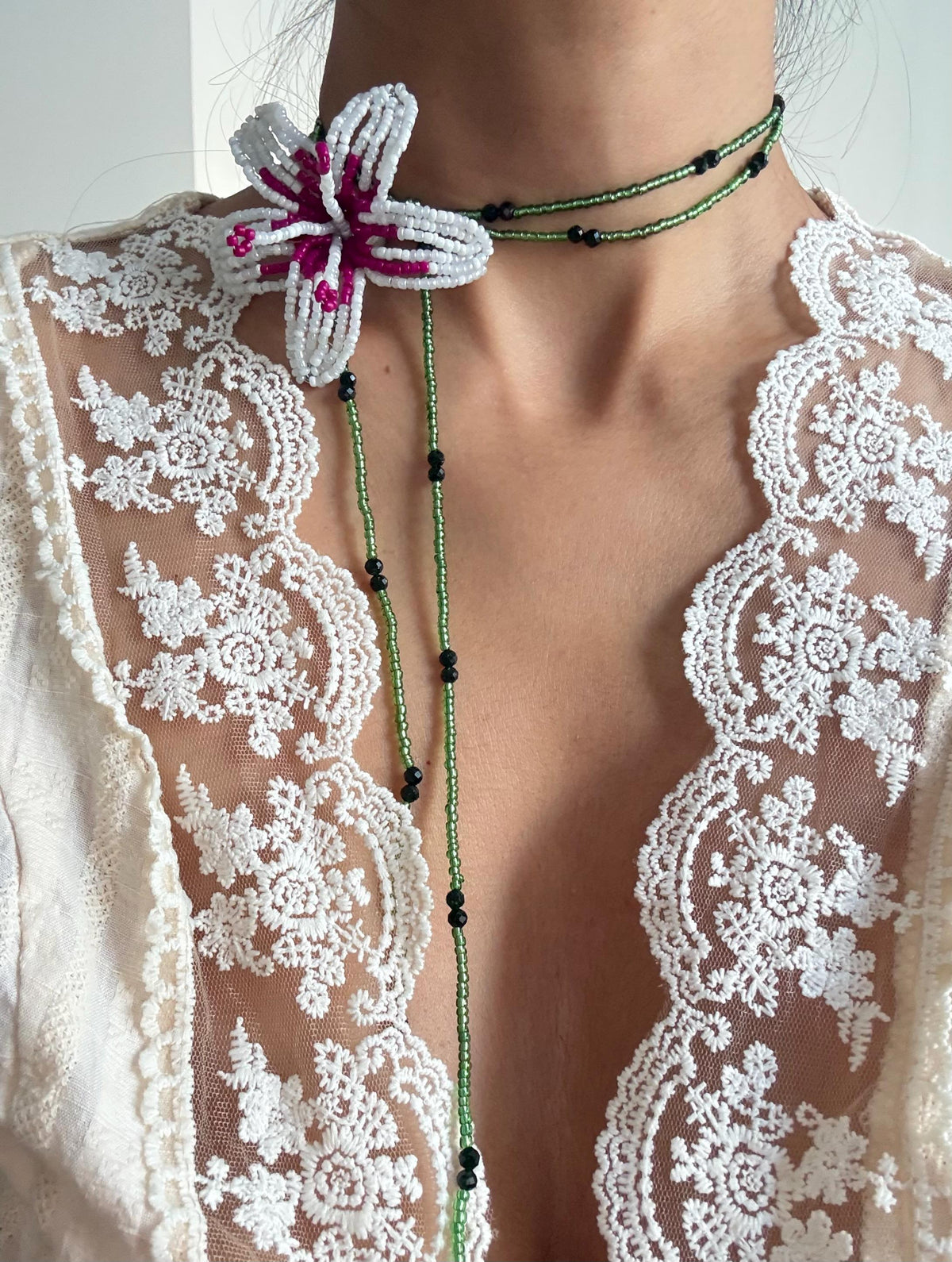 Handmade Beaded Lily Necklace | Delicate Floral Seed Bead Jewelry