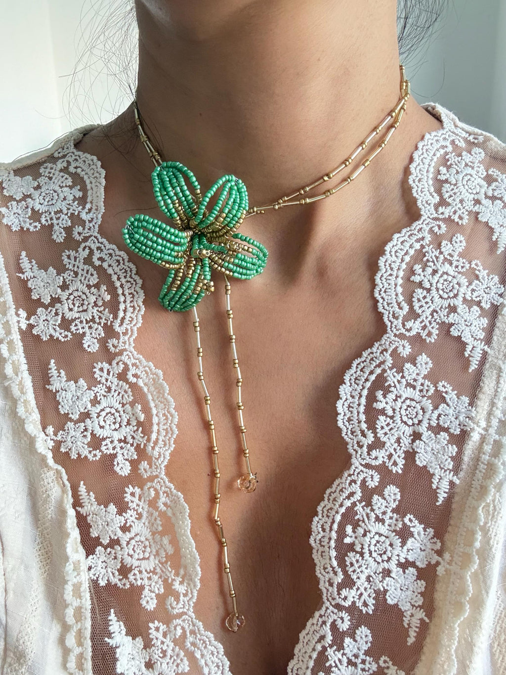 Handmade Beaded Lily Necklace | Delicate Floral Seed Bead Jewelry