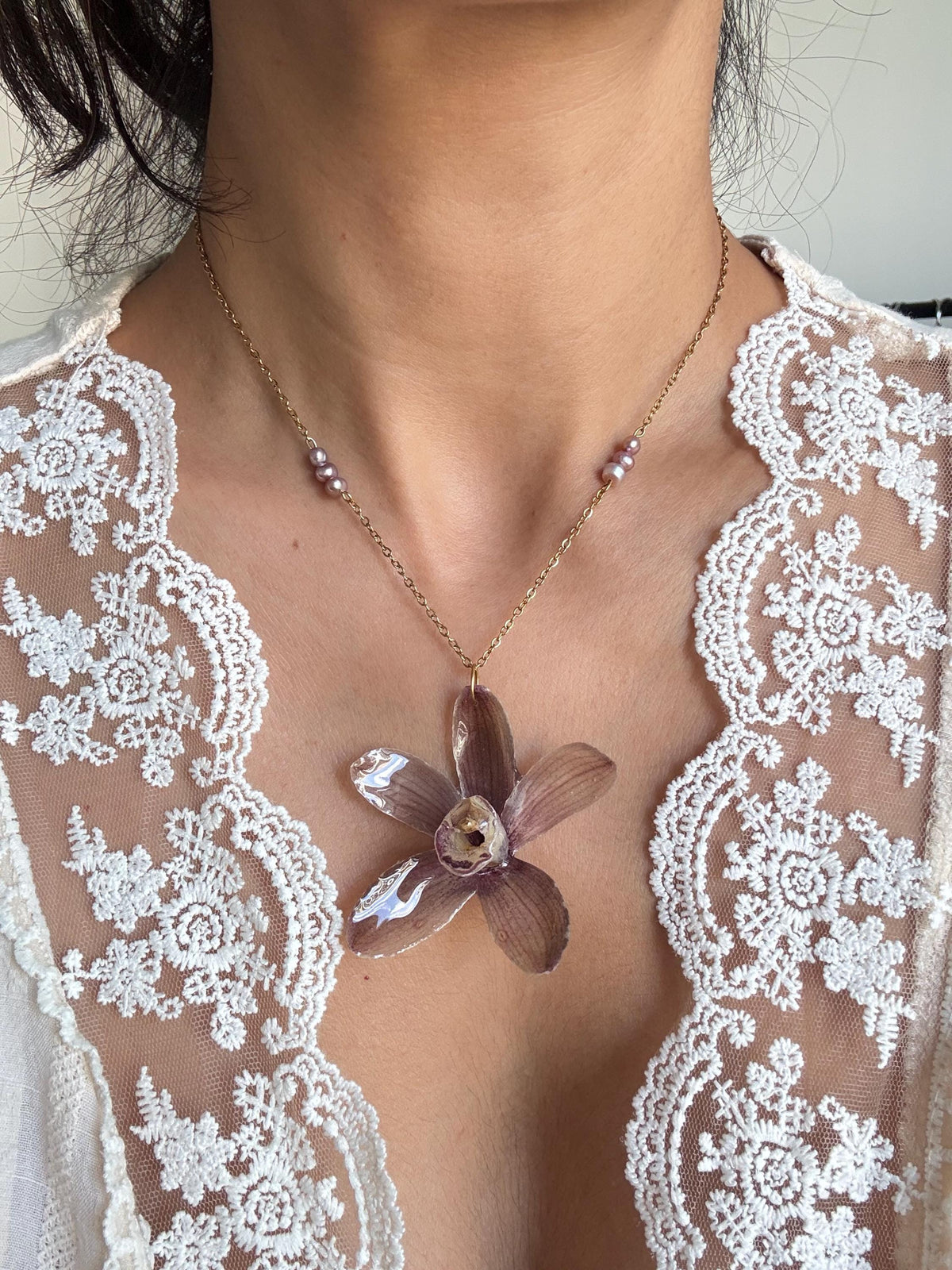 Handmade Orchid Necklace, fresh water pearl, Nature-Inspired Pearl Jewellery
