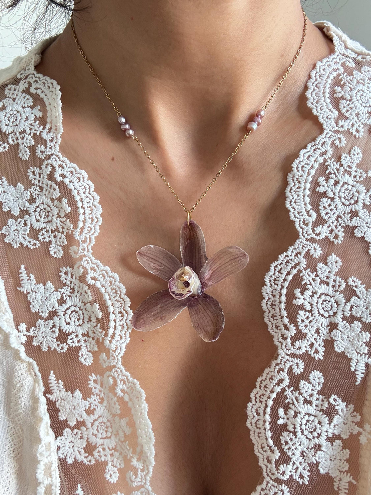 Handmade Orchid Necklace, fresh water pearl, Nature-Inspired Pearl Jewellery